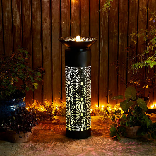 Glitzhome Modern Black Metal Cutout Water Fountain - 36'' Outdoor Bird Bath Fountain with LED Light & Pump - Freestanding Waterfalls Garden Fountains for Patio Backyard Porch Patio Decor