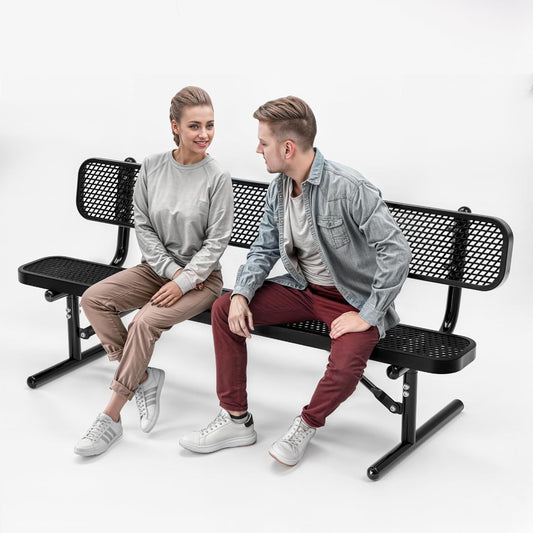 Heavy-Duty Outdoor Metal Bench, Thermoplastic-Coated, Portable, Weatherproof, Commercial-Grade for Parks, Gardens, Patios, Stores & More (6 Ft - Portable with Back, Black)