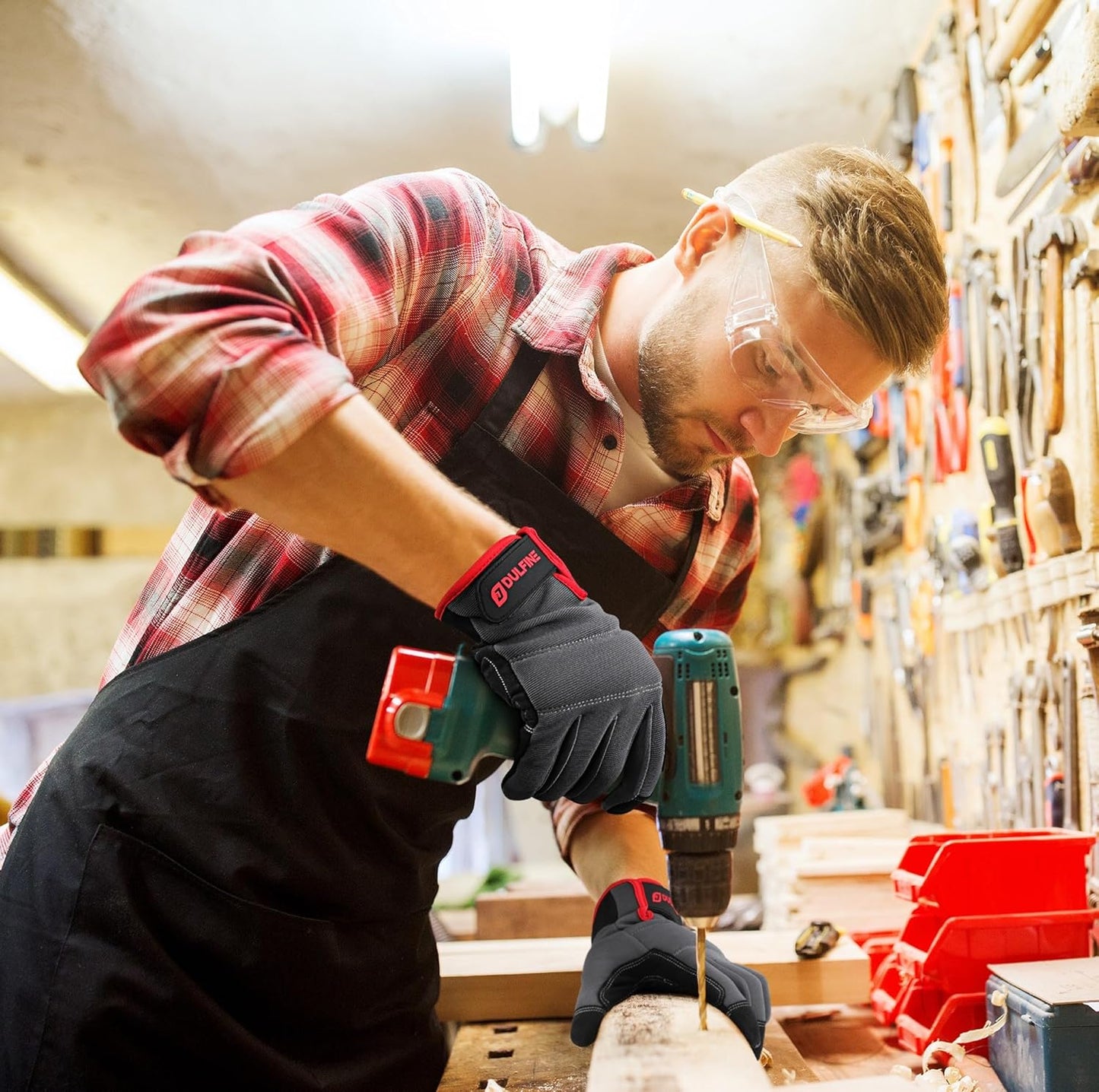 DULFINE Flex Grip Mechanic Work Gloves for Men,Black and Red Utility Safety Working Gloves Touch Screen,Excellent Grip,Ideal for Working on Cars and Outdoor Jobs(Small)