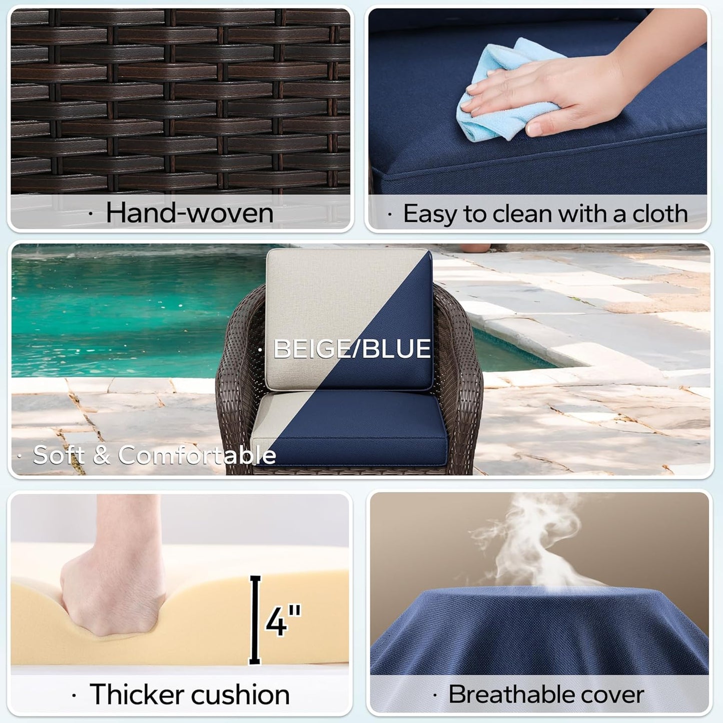 Patio PE Rattan Chairs Set of 2 with Cat Nest End Table, All-Weather & Steel Frame Outdoor Conversation Furniture Set with Washable Cushions for Garden, Bistro, Deck, Yard (Navy Blue)