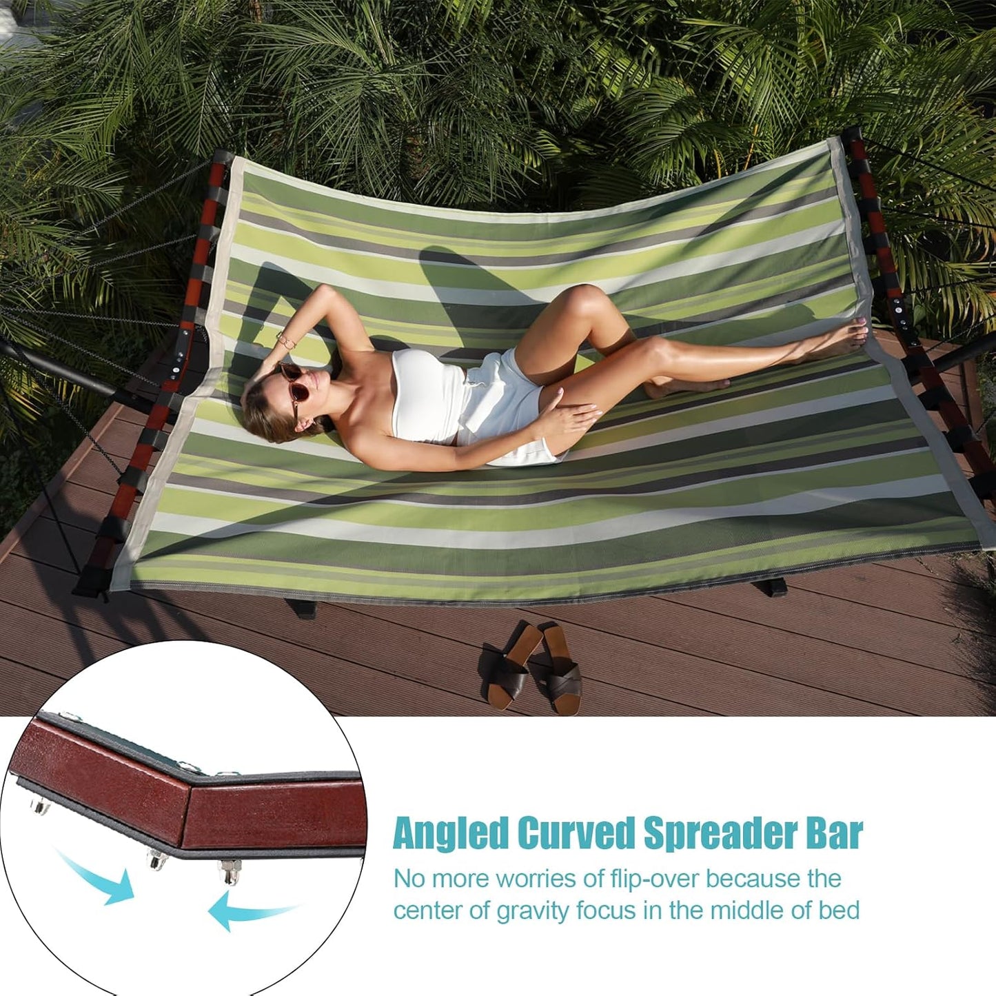 TegerDeger 12FT 2 Person Hammock Large Hammock Quick Dry 450LB Capacity with V Shaped Hardwood Spreader Bar & Nylon Rope for Outside, Patio, Garden, Backyard, Beach, Poolside - Tender Green Stripes