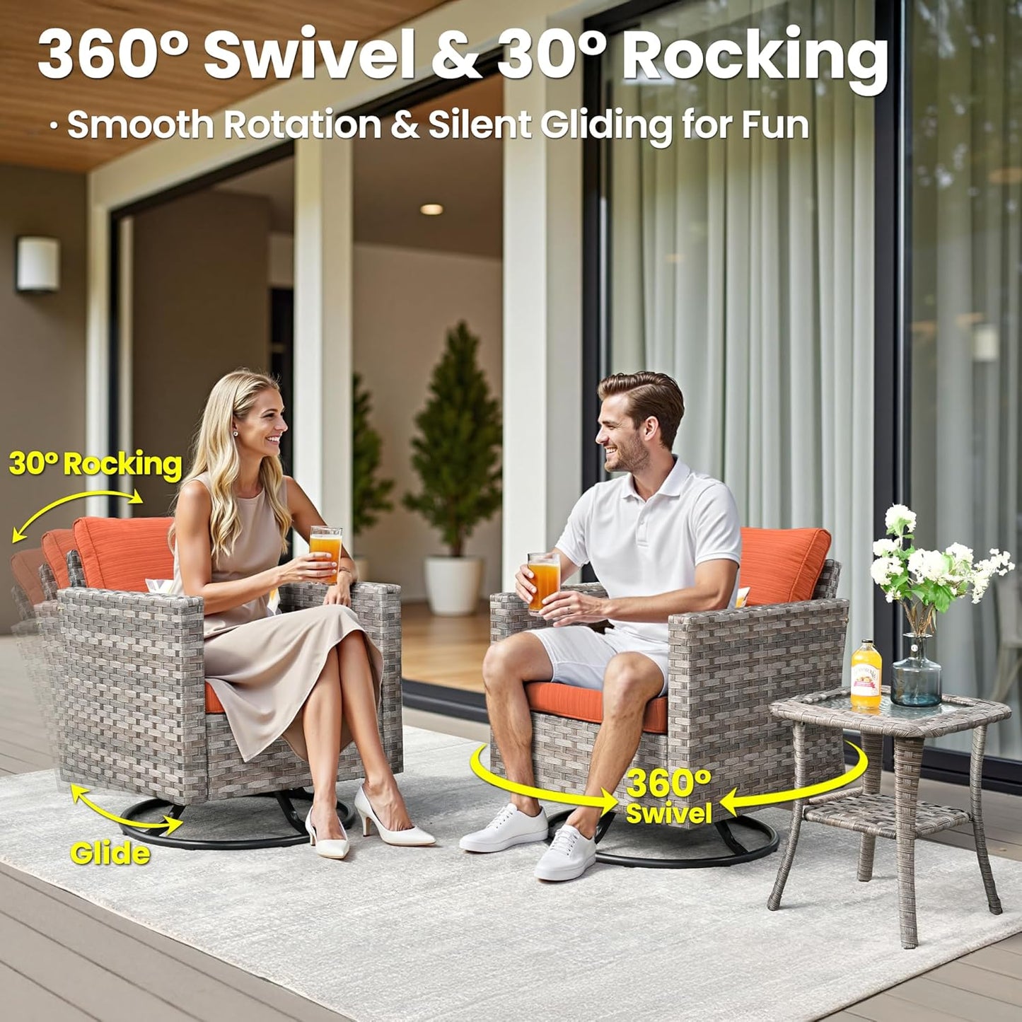 ovios 15 Pieces Patio Furniture Set, Outdoor Wicker Sectional Sofa with Swivel Chairs Coffee Table, Modern Modular Deep Seat Rattan Couch Conversation Sets, Orange Red