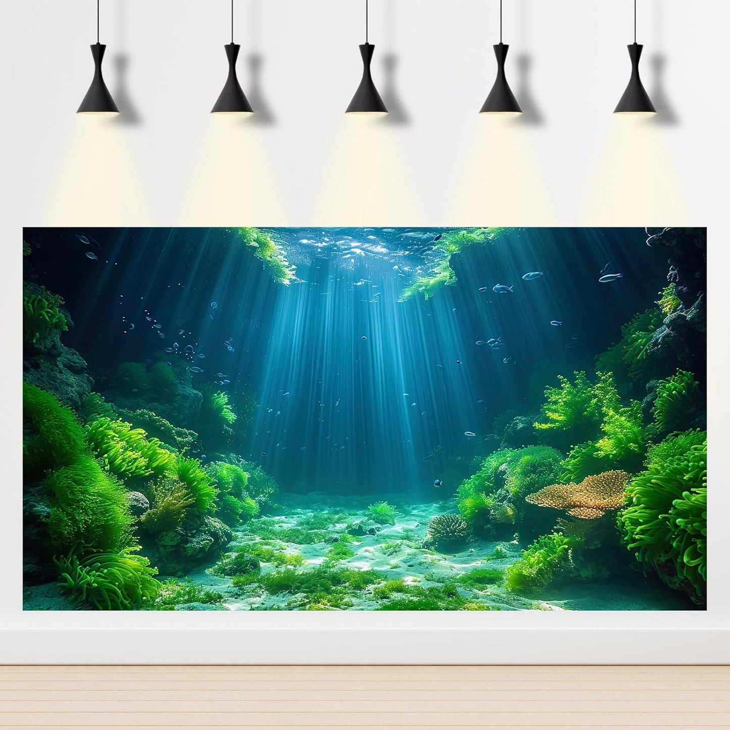 Aquarium Background Aquatic Plants Soft Algae Terrarium Backdrop Underwater World Fish Rock with Moss Sunlight Rays Fish Tank Background Aquarium Wallpaper Poster Decor Vinyl 48x24in