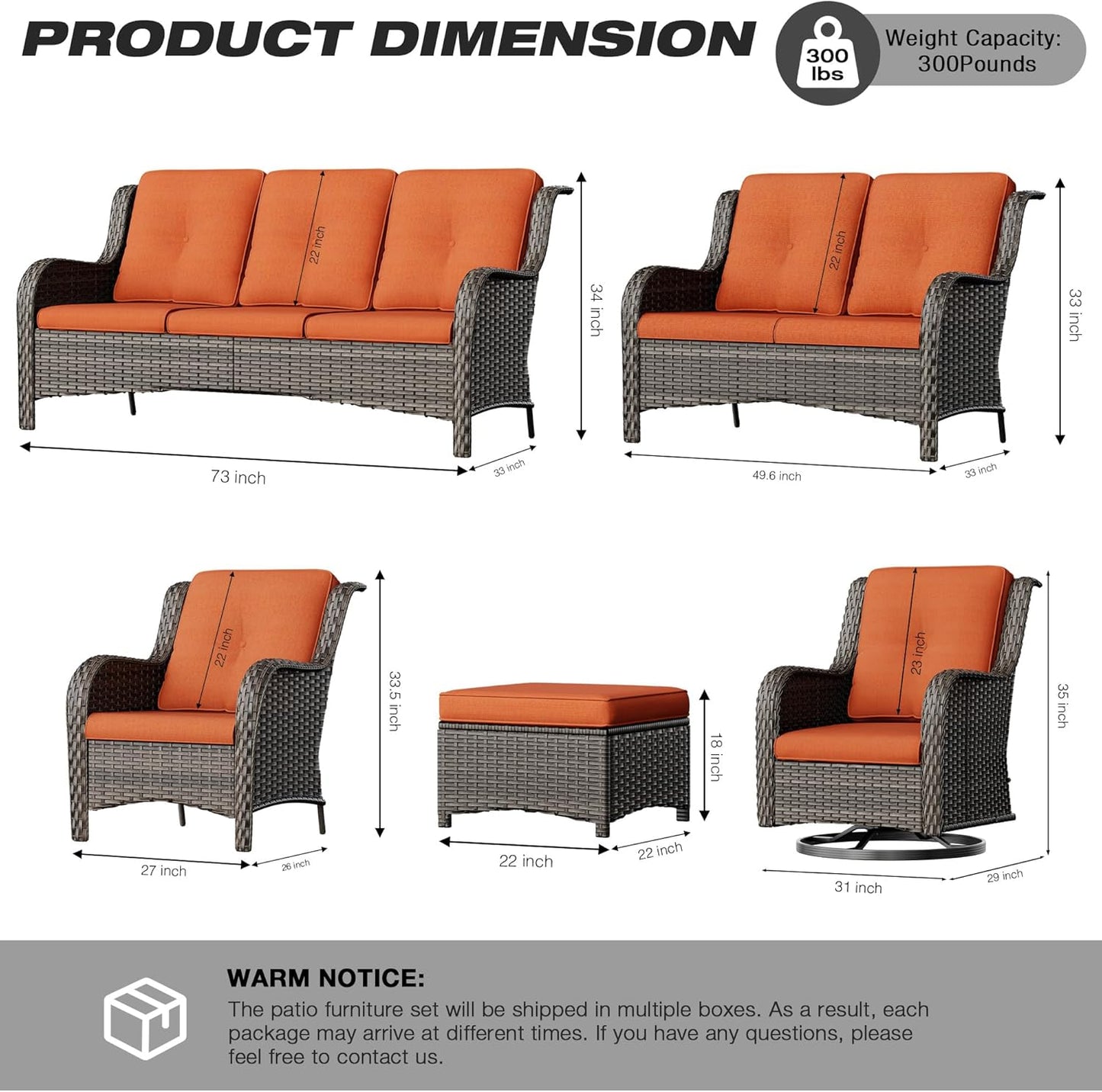 Joyside Wicker Patio Furniture Set 6 Piece Set with 1 Three-Seat Sofa, 2 Swivel Rocker Chairs, 2 Ottomans and 1 Side Table, Outdoor Furniture Patio Conversation Sets(Mixed Grey/Orange)
