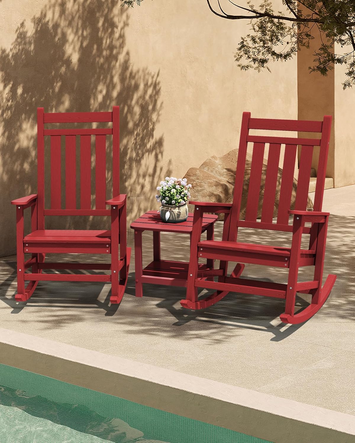 SERWALL Outdoor Rocking Chair Set of 2, HDPE Rocking Chairs for Adult, All Weather Porch Rockers for Lawn Garden, Crimson Red