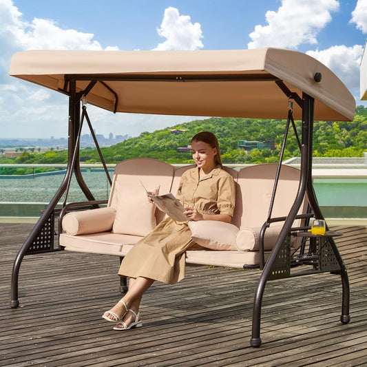 3 in 1 Outdoor Porch Swing with Adjustable Canopy, 3 Seat Outdoor Swing for Adults, Patio Swing Chair with Thickened Cushions,Pillows & Cup Holders for Backyard, Porch, Garden (Khaki)