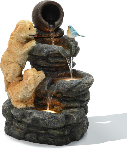 LuxenHome Outdoor Water Fountain, 26 Inch Puppy and Rock Resin Water Fountains Indoor with LED Lights, Farmhouse Waterfall Outdoor, Indoor Fountains and Waterfalls for Patio, Garden Decor