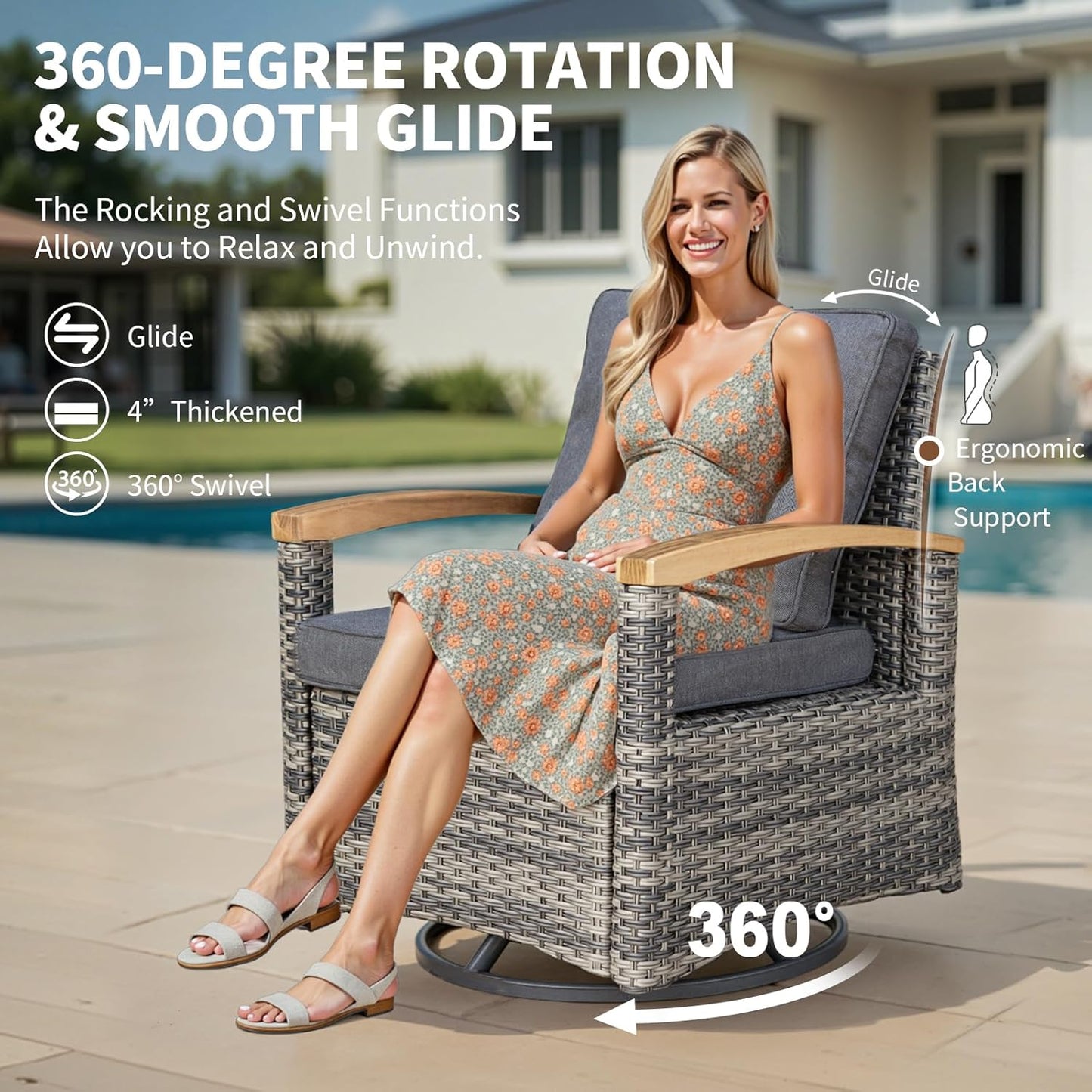 9 Piece Outdoor Patio Furniture Set, Half-Moon Curved Sectional Sofa Rattan Conversation Set with 2 Wood Armrests Swivel Rocker Chairs, Round Coffee Table & Side Table（Grey）