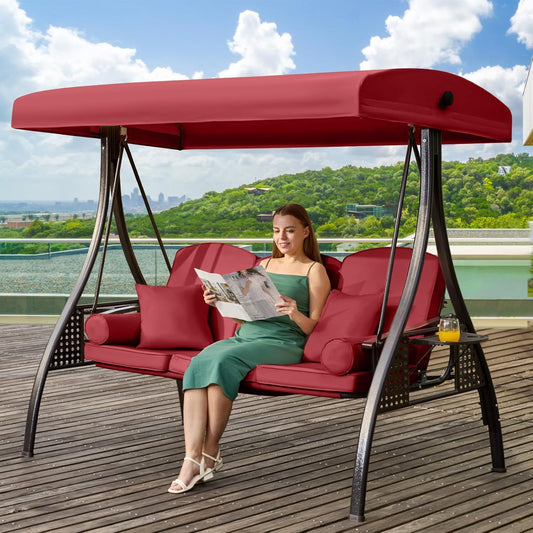 3 in 1 Outdoor Porch Swing with Adjustable Canopy, 3 Seat Outdoor Swing for Adults, Patio Swing Chair with Thickened Cushions,Pillows & Cup Holders for Backyard, Porch, Garden (Wine Red)