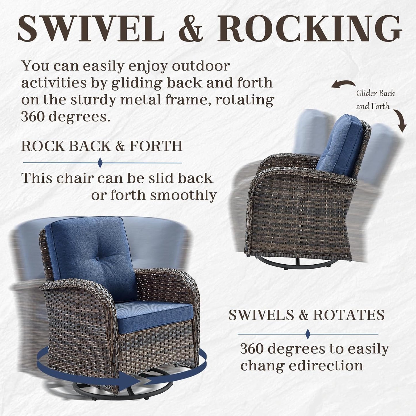 HUMMUH 7-Piece Patio Furniture Set with Fire Pit,Wicker Patio Glider Loveseat Outdoor Swivel Rocker Chairs with Ottomans for Backyard,Poolside,Deck