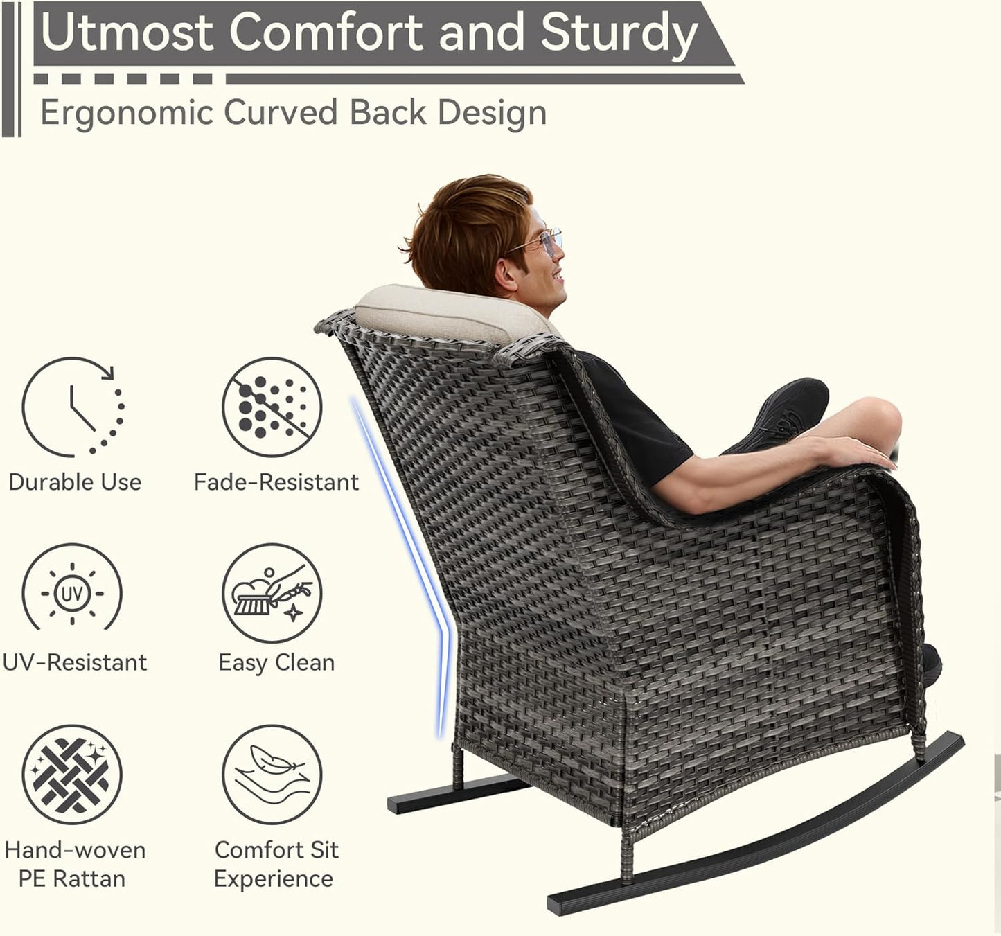 1 PC Outdoor Rocking Chair, Wicker Patio Rocker Chair for Yard, Porch, Mixed Brown Grey Rattan, Beige Cushions