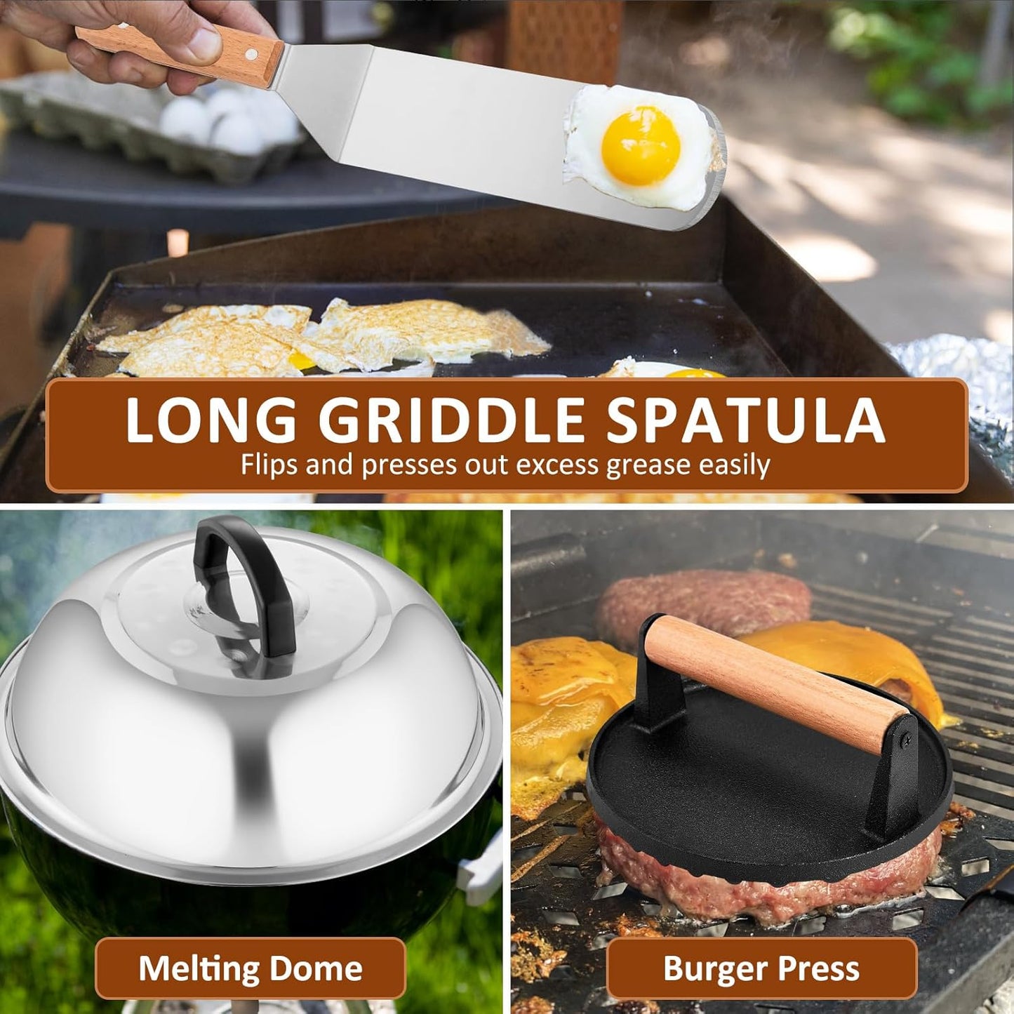 Griddle Accessories Set of 25, Leonyo Flat Top Grill Accessories, Professional BBQ Tool with Enlarged Spatulas Scraper, Basting Cover, Smash Burger Press, Carry Bag for Outdoor Barbecue, Wood Handle