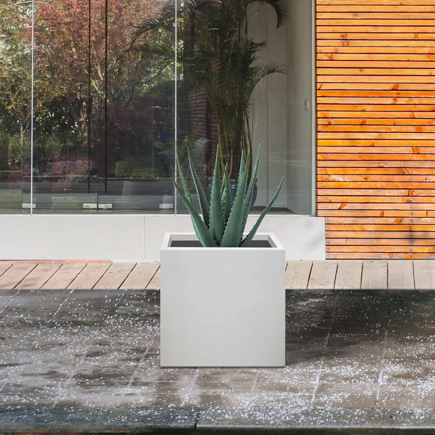 Kante 12 Inch Square Concrete Planter for Outdoor Indoor Home Patio Garden, Large Plant Pot with Drainage Hole and Rubber Plug, Pure White