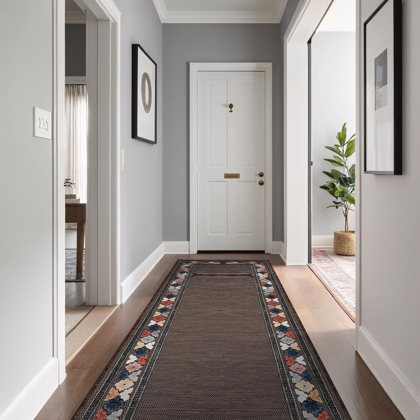 Beverly Rug Outdoor Runner Rug 2x7 Modern Floral Bordered Area Rugs for Indoor and Outdoor Patio Easy to Clean Non Shedding Living Room Porch Garden Washable Outside Carpet (2 x 7 Brown)