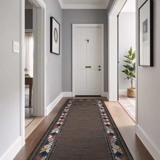 Beverly Rug Outdoor Runner Rug 2x7 Modern Floral Bordered Area Rugs for Indoor and Outdoor Patio Easy to Clean Non Shedding Living Room Porch Garden Washable Outside Carpet (2 x 7 Brown)