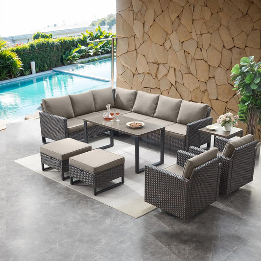 HUMMUH 8 Piece Patio Furniture Set PE Wicker Outdoor Sectional Sofa and Patio Swivel Chairs Outdoor Dining Table Ottomans for Porch,Garden,Backyard,Deck(Brown/Grey)