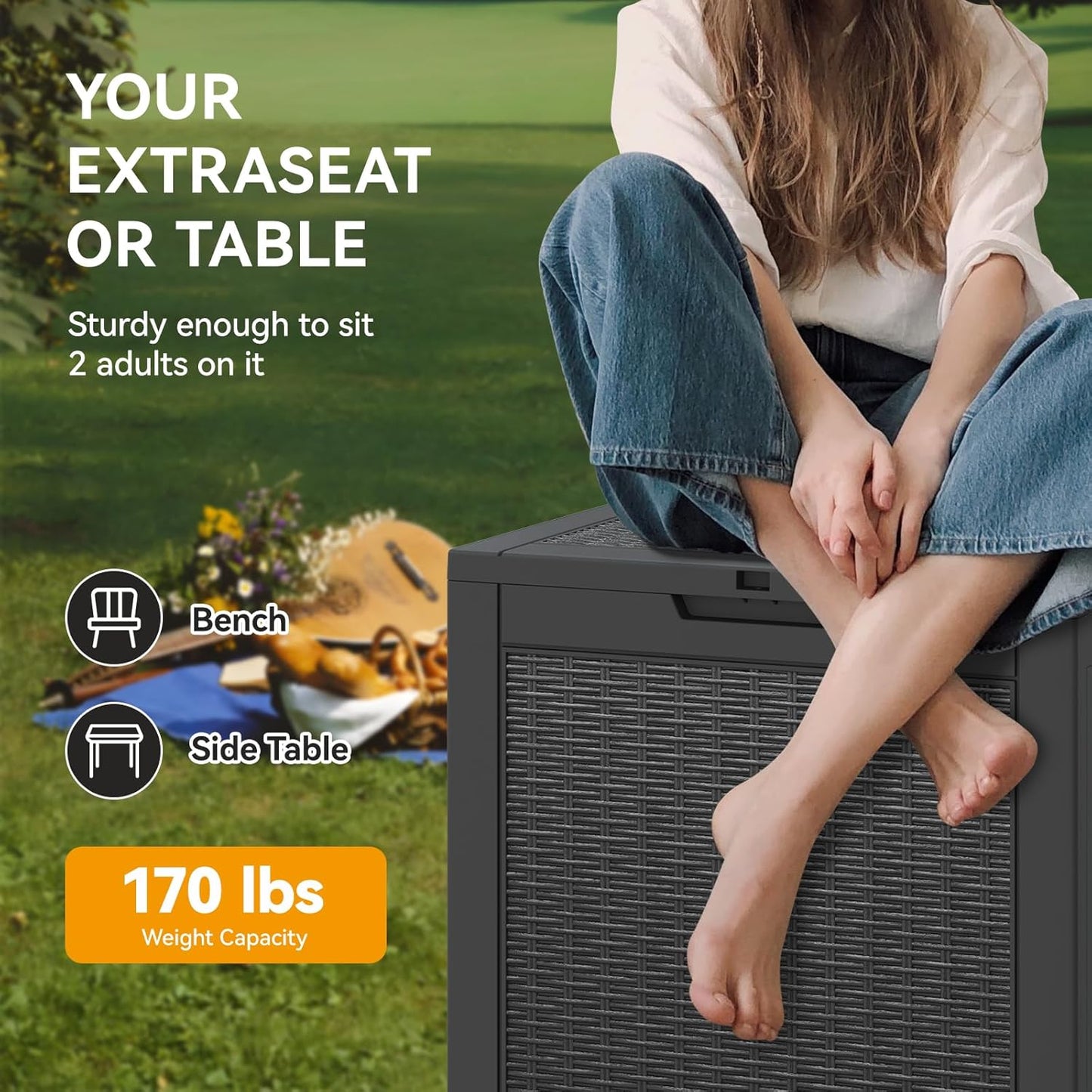 NUNU LAB 30 Gallon Waterproof Outdoor Storage Box, Lockable Resin Deck Box Bench for Patio Cushions, Garden Tools, Pool Accessories & Package Deliveries – Black