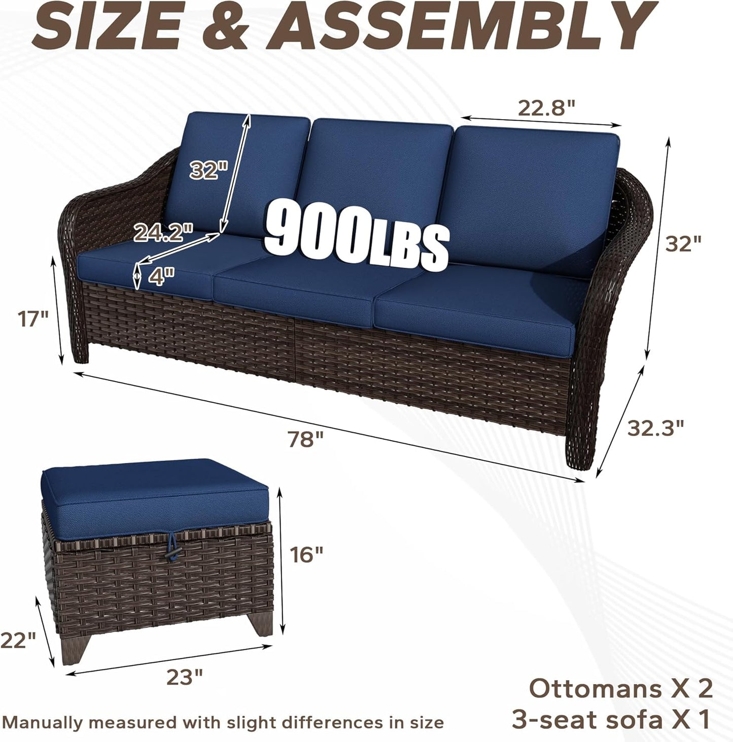 3 Pieces Patio sectional Sofa Set, Outdoor Conversation Furniture Set, 78" 3-Seat Couch with 2 Ottomans, 47" Metal Coffee Table, Rattan Wicker Sofa with Washable Cushions (Navy Blue)