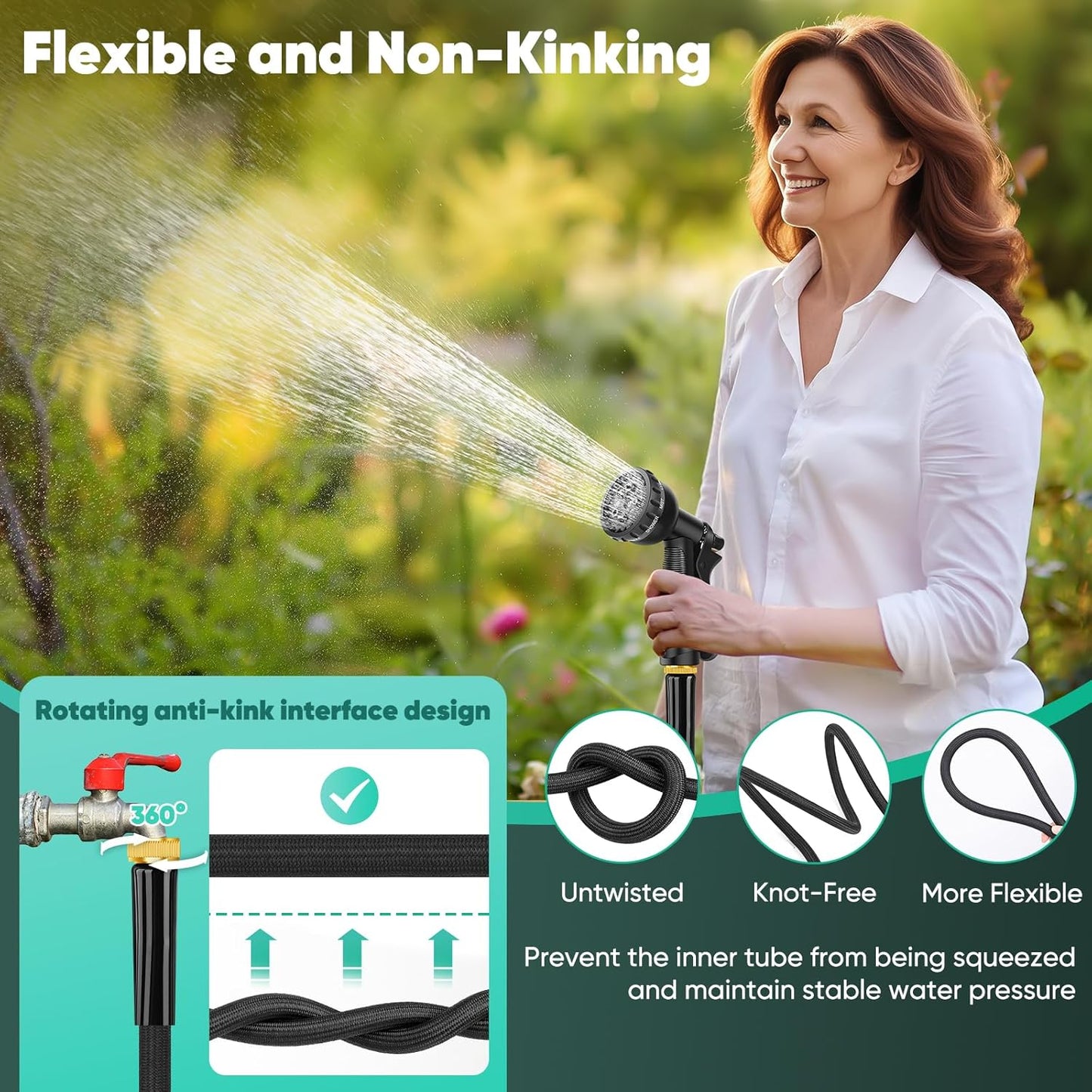 Garden Hose 50FT, Non-Expanding, Lightweight Hose, Leak-Proof Metal Interface, No-Knots, Easy to Carry, Wear-Resistant, Sturdy, Flexible, 3/4GHT, Water Hose for Yard, Garden, Outdoor