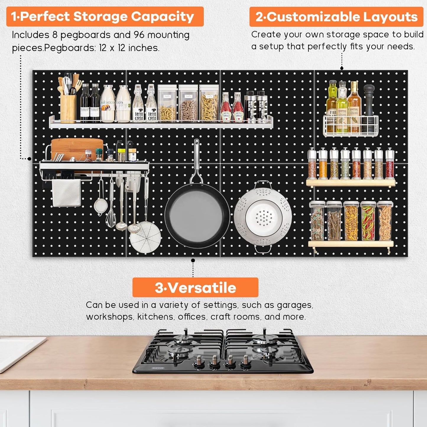 88 PCS Pegboard Panels Metal Black with Accessories Kit, Heavy Duty Steel Peg Boards Wall Tool Organizer with Screw, Bins, Hooks, Peg Locks for Garage, Tool Storage, Office, Craft Room, Kitchen