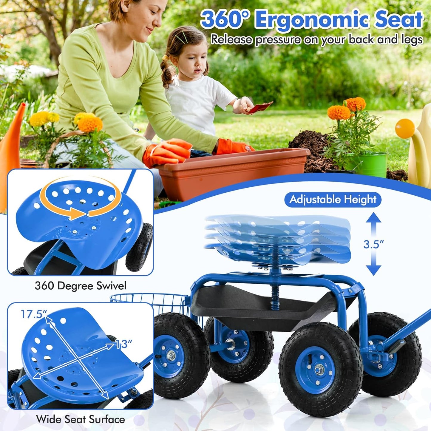 Goplus Rolling Garden Seat with Wheels, Outdoor Gardening Scooter with 360° Swivel Seat, Tool Tray & Basket, Adjustable Steering Handle for Lawn, Gardening Stool, Garden Cart for Planting