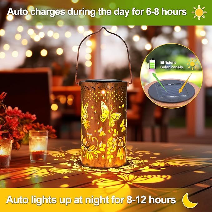 Mothers Day Gifts, 4 Packs Solar Lanterns Outdoor Hanging Lantern Lights, 4 Butterflies Hollowed-Out Metal Decor Lantern, Waterproof LED Decorative Garden Light Gifts
