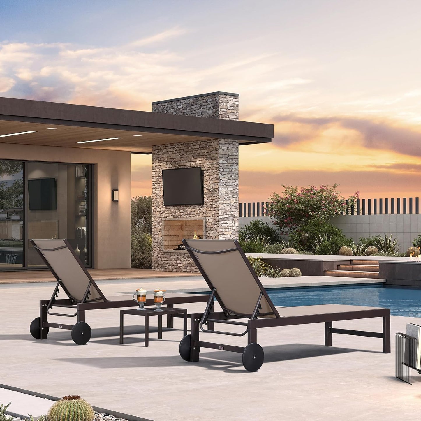 PURPLE LEAF Outdoor Chaise Lounge Chair Set of 3, Pool Lounge Chair for Outside, Aluminum Patio Chaise Lounger with Adjustable Backrest and Wheels for Deck, Outside, Lawn, Garden, Sand Beige