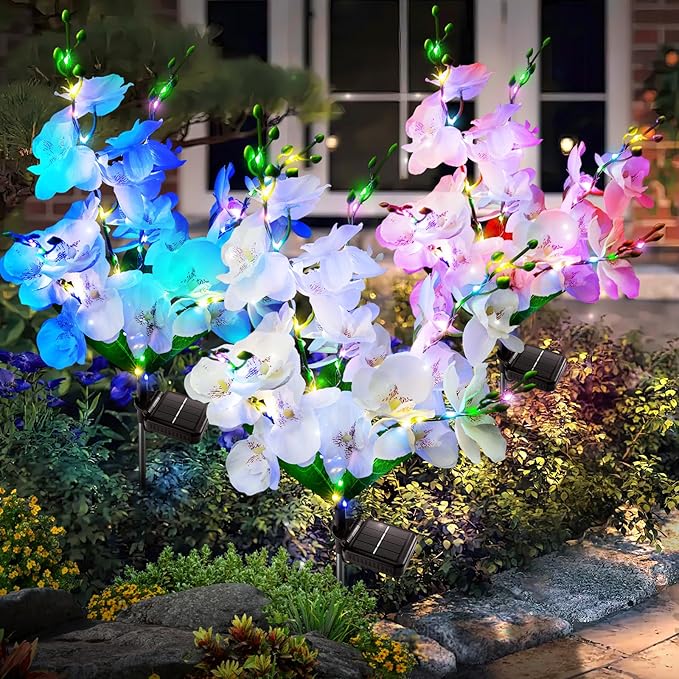 Solar Garden Lights Outdoor Decor, 3 Pack Newest Version Phalaenopsis Orchid Flower Solar Lights for Outside, 240 LED Colorful Waterproof Solar Lights Outdoor for Yard Patio Decor, Gift for Mom