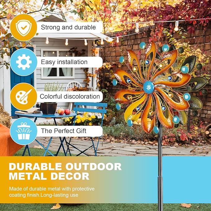 Wind Spinners for Yard and Garden-Wind Sculptures & Spinners 75 in Garden Kinetic Art with Solar Powered Multi-Color Glass Ball Light for Yard Garden Backyard Lawn Decorations