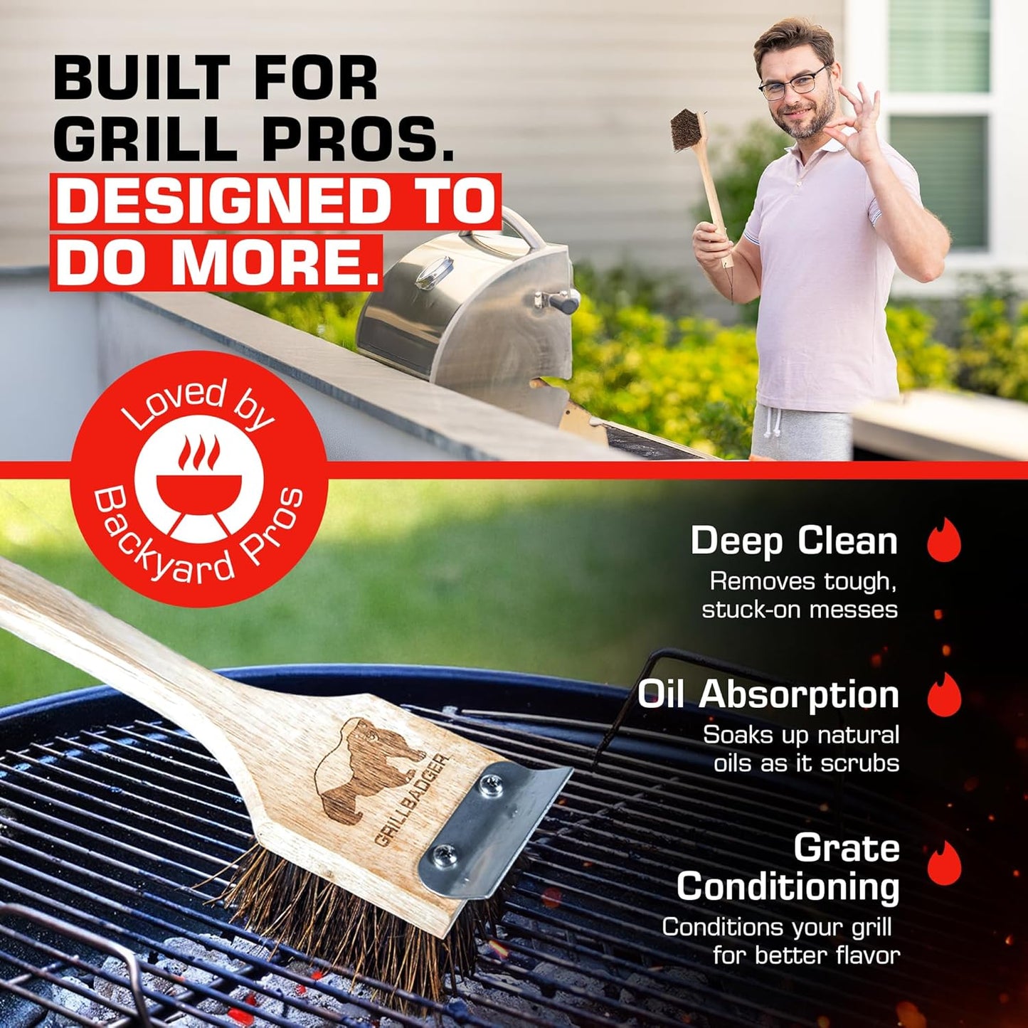 Natural Grill Brush Non Metal Bristles - Durable Non Metal Grill Brush Outdoor Grills Wooden Handle BBQ Cleaning Non-Wire High Temp Cleaner for Cast Iron Grates Safer Scrubber Tools by GRILLBADGER