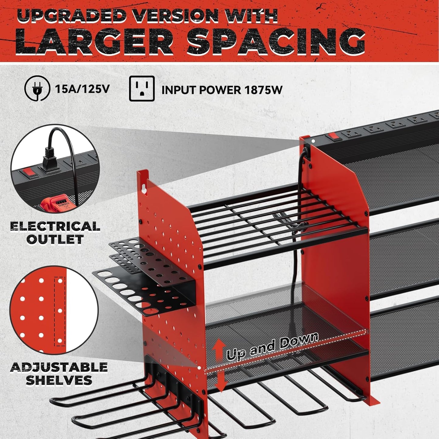 Upgrade Large Power Tool Organizer Wall Mount with Charging Station Tool Storage Rack with 6.5FT Power Strip 10 Drill Holder and Storage Rack for Garage Organization