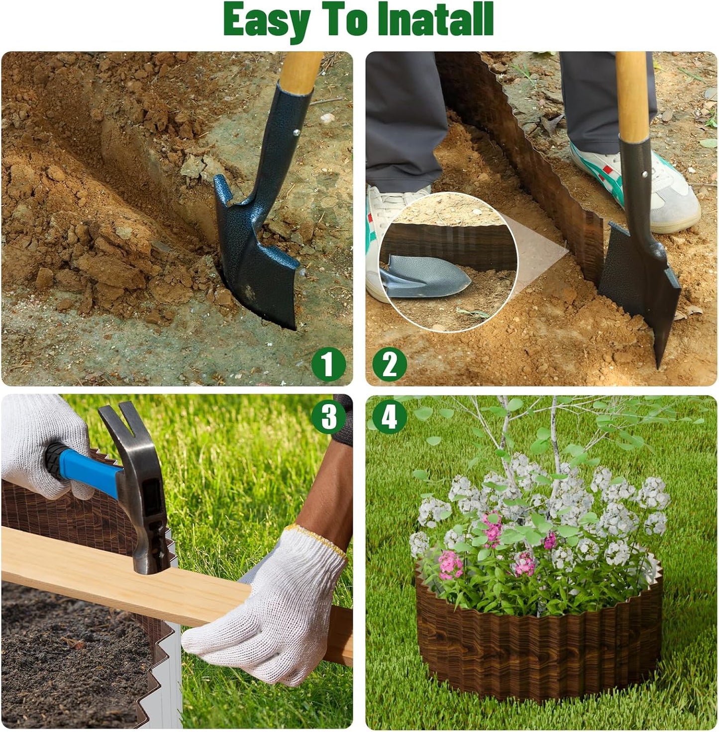 SnugNiture Corrugated Metal Garden Edging 4" x 60', Sturdy Lawn Landscape Edging Border, Fence for Garden, Flower Bed and Yard (Brown)