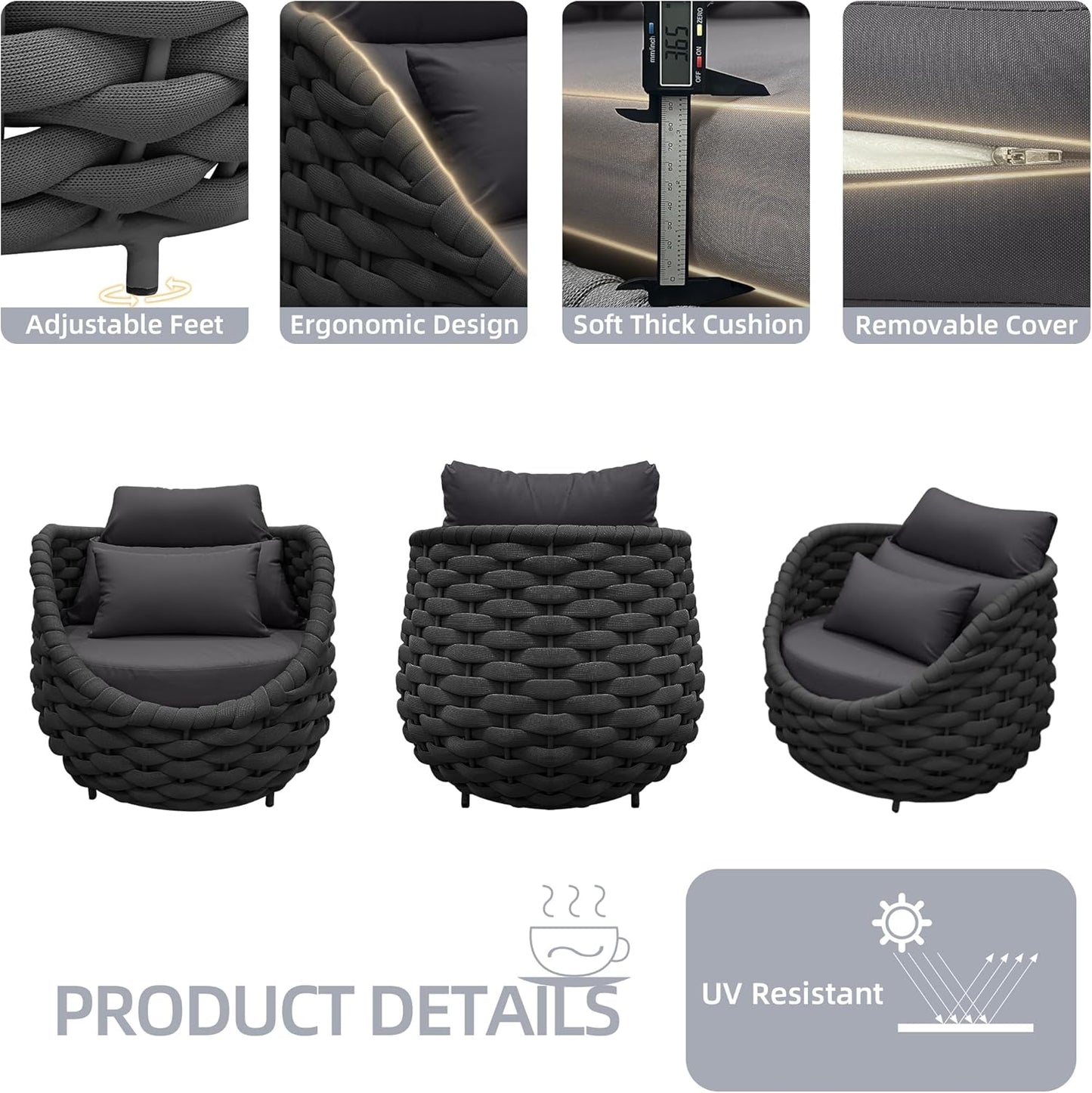 TWT Outdoor All-Weather Polyester Rope Balcony Couch with Cushions & Pillows, Perfect for Patio, Balcony, Backyard, Deck, Poolside, Dark Grey