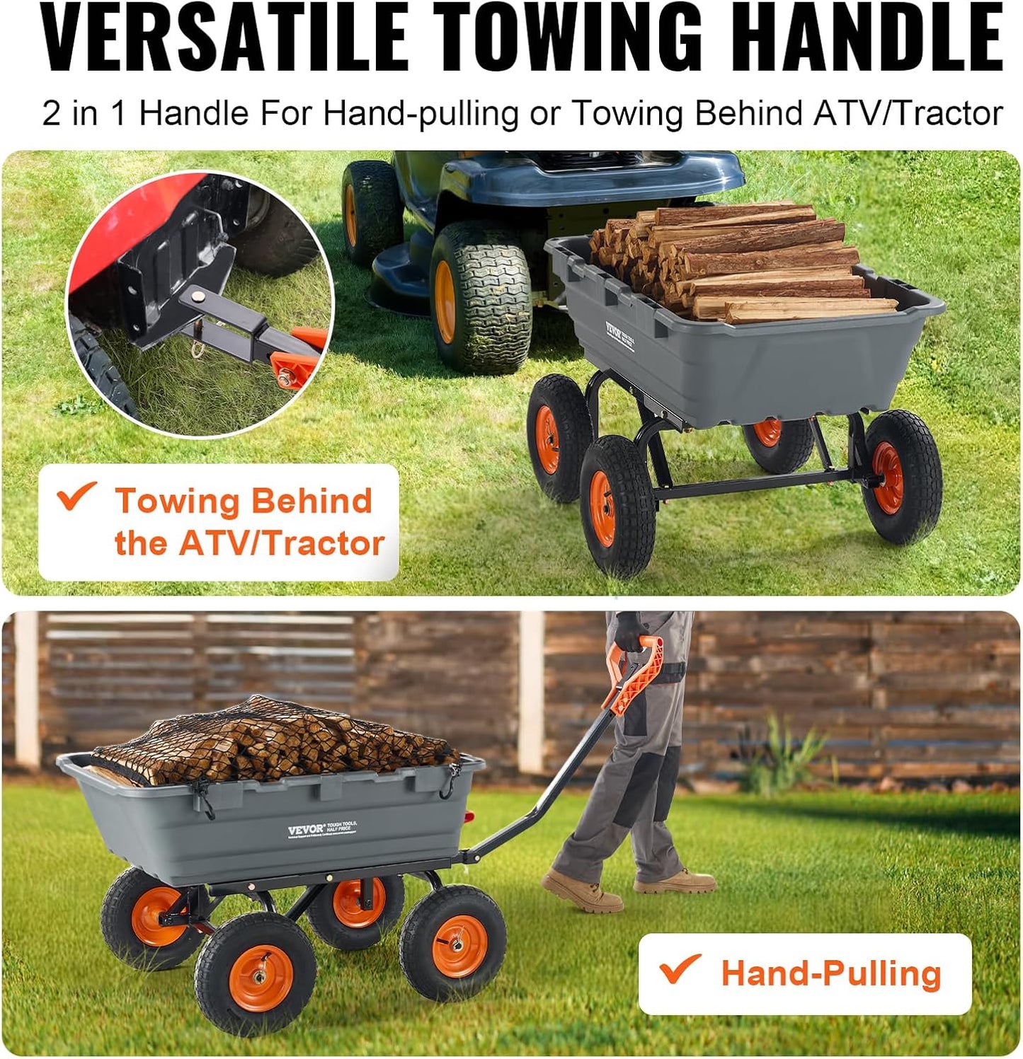 VEVOR 1200lbs 7Cu.Ft. Garden Dump Cart with 2-in-1 Convertible Handle and 13in All Terrain Wheels, Heavy Duty Poly Yard Dump Wagon Utility ATV Trailer Dump Cart Tow Behind for Lawn Mower Tractor