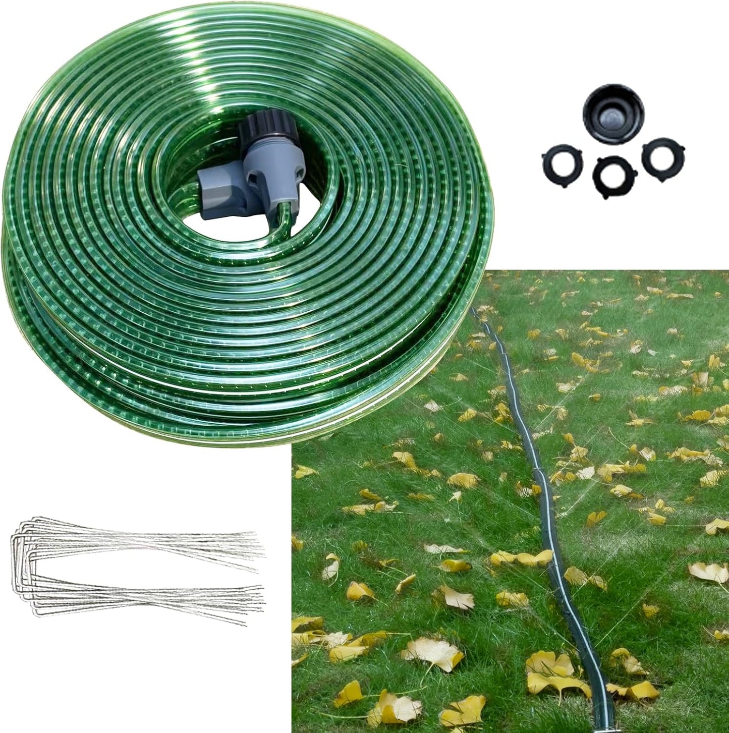 50 FT Flat Sprinkler Hose for Lawn Watering Garden Soaker Hose with Holes, Heavy Duty Lightweight No-Kink Water Hose with Stakes, Irrigation Hose, Great Fun for Kids and Dog