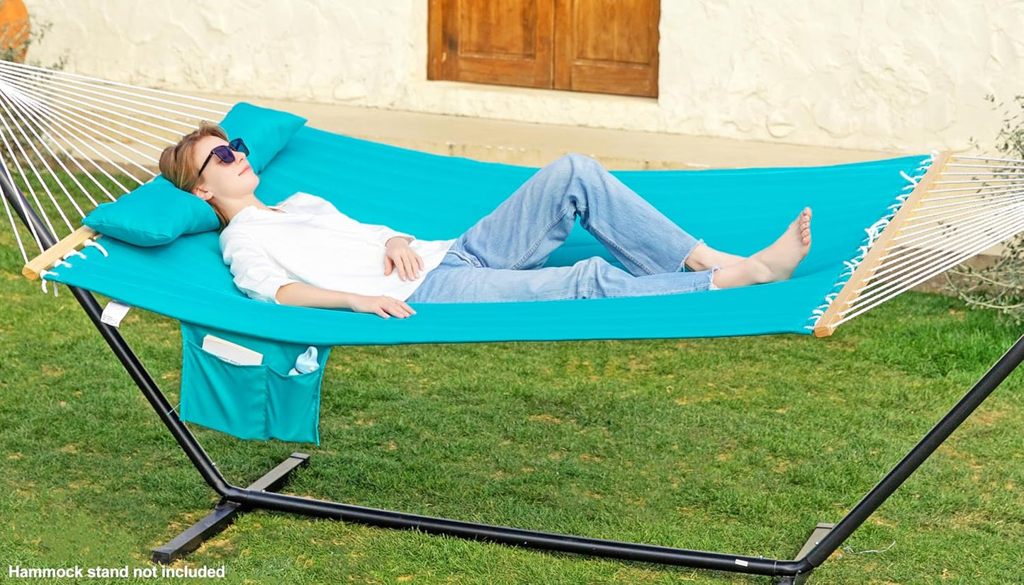 Double Quilted Fabric Hammock with Spreader Bar, Fits 12-14ft Hammock Stand, 2 Person 14ft Hammocks for Outside, Large Removable Pillow, Storage Bag, Carabiners, Max 475 lbs Capacity (Aqua)