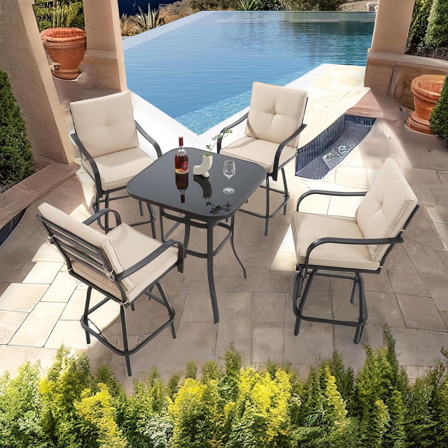 Patio Swivel Bar Stools Set of 4, Outdoor Bar Height Patio Swivel Chairs with Cushion for Garden Balcony Backyard (Beige)