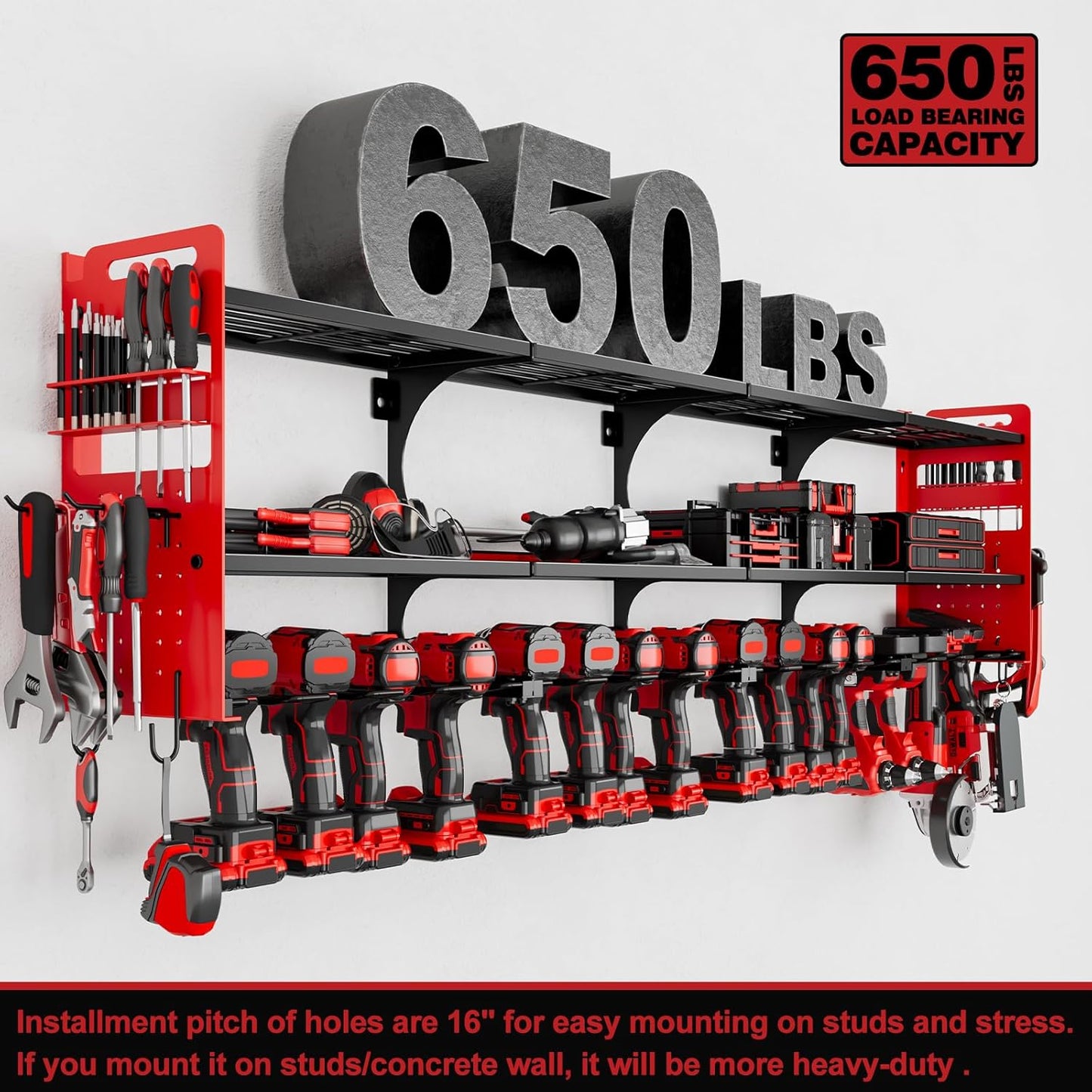 64" Power Tool Organizer Wall Mount, 16 Slots, 3-Tier Drill & Cordless Tool Storage Holder with Pegboard Sides, Tool Wall Organizer for Garage & Workshop Red