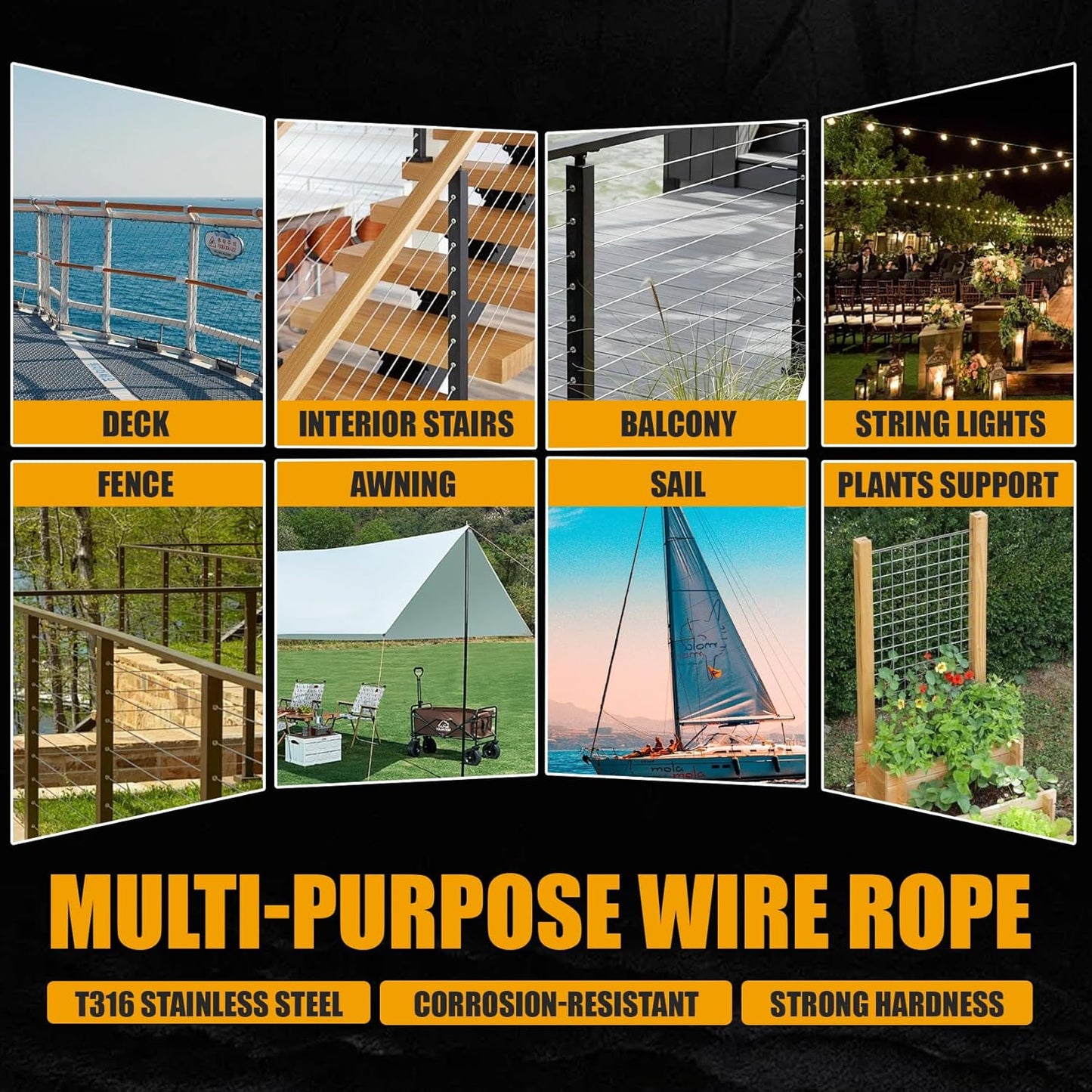 500FT 1/8" Stainless Steel Cable Black, 7x7 Strands, Wire Rope with Cable Cutter,1800lbs Breaking Strength Aircraft Cable for Deck Cable Railing, Stair, Fence, DIY Balustrades