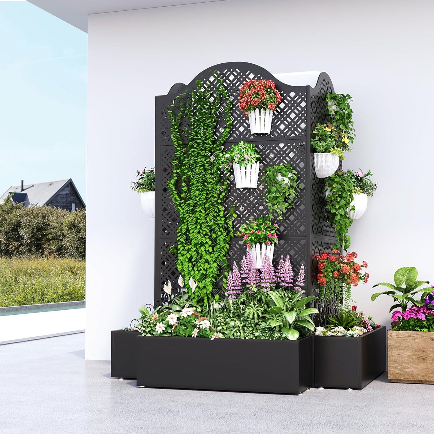 Metal Raised Garden Bed with Trellis, 79"x40"x11.8" Planter Box Outdoor with Privacy Screen Fence for Patio, Freestanding Garden Planter with Drainage Holes for Climbing Plants Flower Vegetable