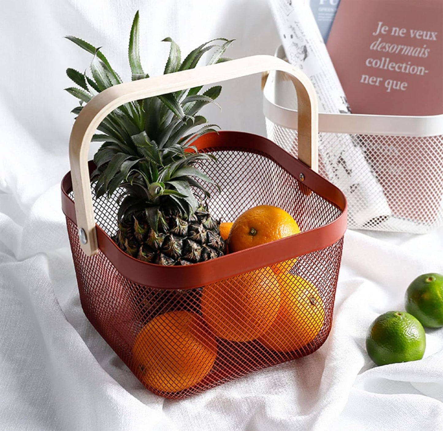 Metal Mesh Steel Basket, Storage Organizer Basket Multi-functional Hanging Kitchen Baskets Fruit Basket Bin with Bamboo Handle for Kitchen Bathroom Picnic Shopping Decor Cabinet Home, Red