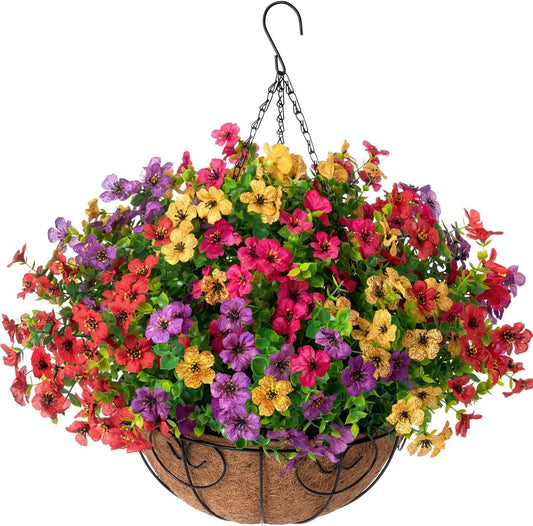Artificial Faux Hanging Plants Flowers Basket for Summer Outdoor Outside Decoration, Fake Silk UV Sun Resistant Look Real Colorful Daisy Eucalyptus for Porch Home Patio Balcony Yard