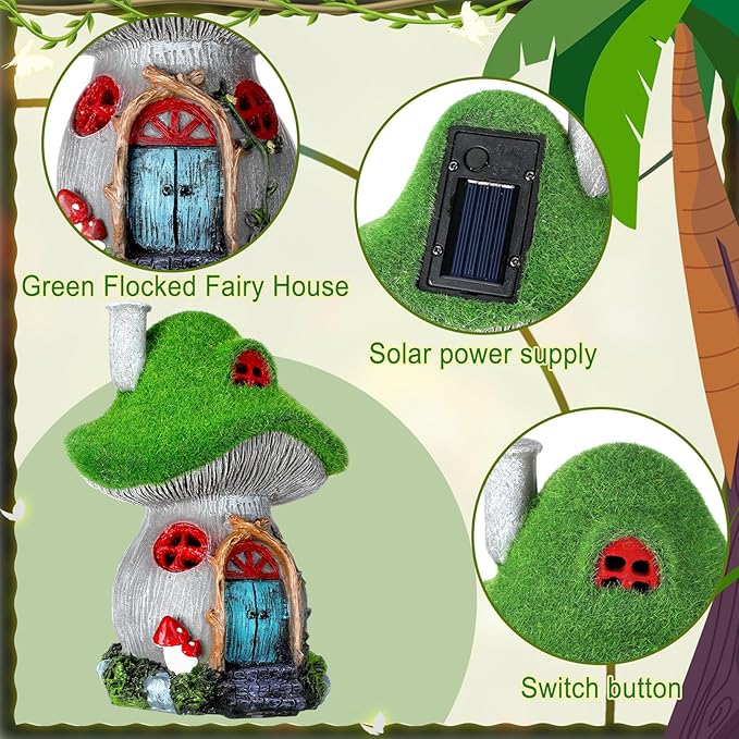 Suzile 50 Pcs Solar Fairy House Garden Accessories Light up Flocked Fairy House Garden Kit Green Resin Miniature Mushroom Figures Micro Landscape Ornament(Mushroom House)