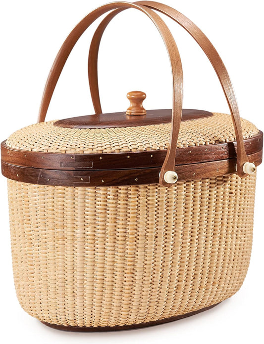 Nantucket Style Basket Picnic Basket Rattan Handmade Products Woven Sewing Storage Basket Two Swing Handles Tote Bag for Women