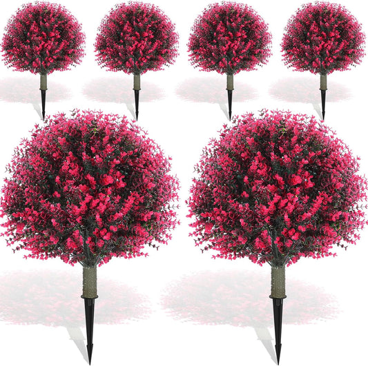 Yunlly 6 Pcs 18 Inch Artificial Boxwood Ball Topiary Tree Fake Outdoor Plants Bush, UV Resistance Faux Shrubs with Spike Realistic Greenery Potted for Indoor Garden Yard Porch Patio Decor (Rose Red)