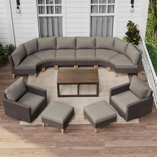 HUMMUH 11 Pieces Outdoor Furniture Set,Outdoor Half-Moon Sectional Couches Swivel Patio Chairs with Ottomans Coffee Table,All Weather PE Wicker Patio Conversation Sets for Garden Porch Backyard