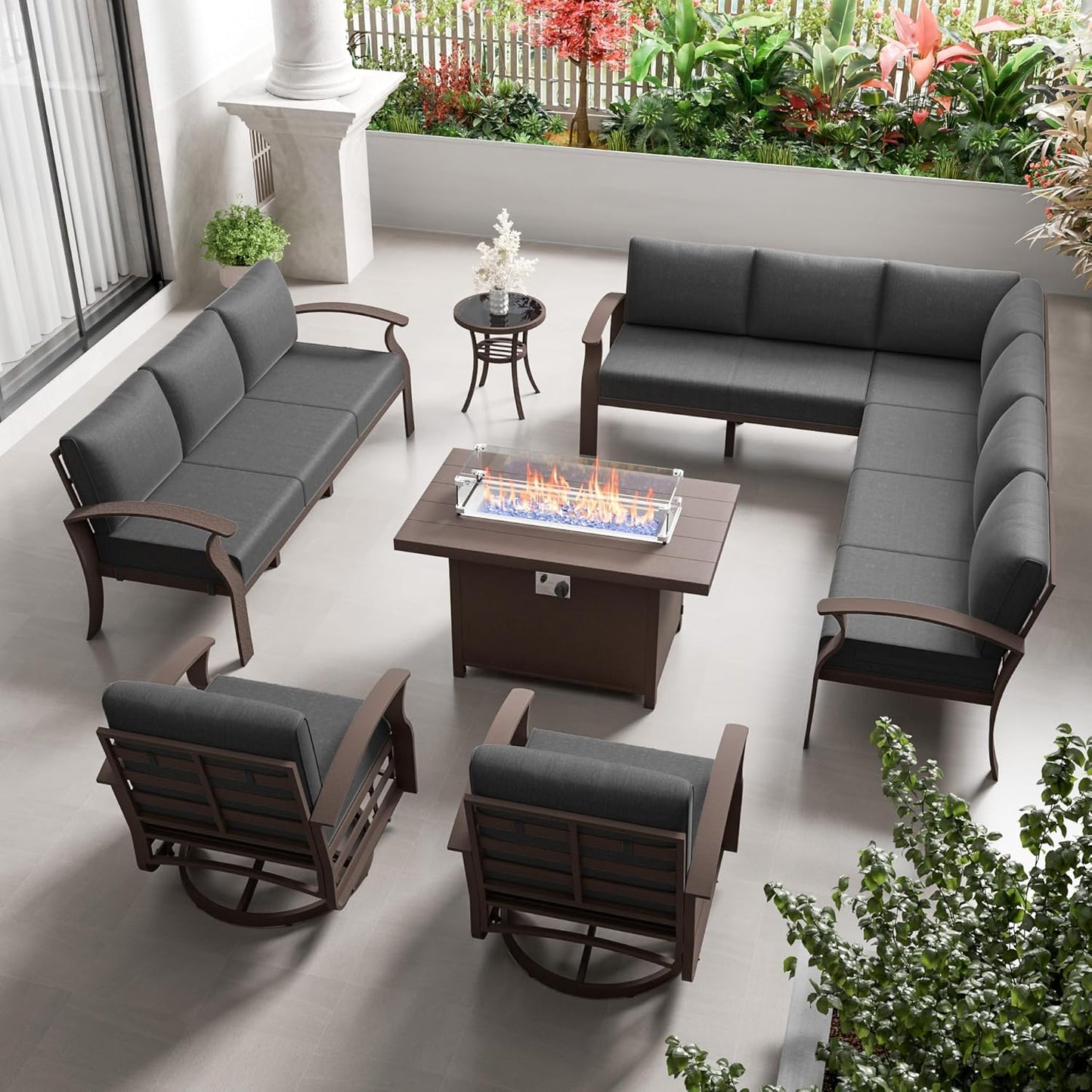 Aluminum Patio Furniture Set with Fire Pit Table, 11 Seats Outdoor Patio Conversation Set with Swivel Chair Modern Metal Patio Sectional Sofa with Coffee Table for Patio, Backyard(Grey).