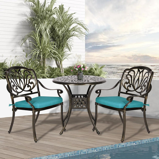 3-Piece Outdoor Patio Dining Set, All-Weather Cast Aluminum Patio Furniture Set for Backyard Garden Deck with 2 Cushioned Chairs and 31” Round Table, 2" Umbrella Hole, Ocean Blue
