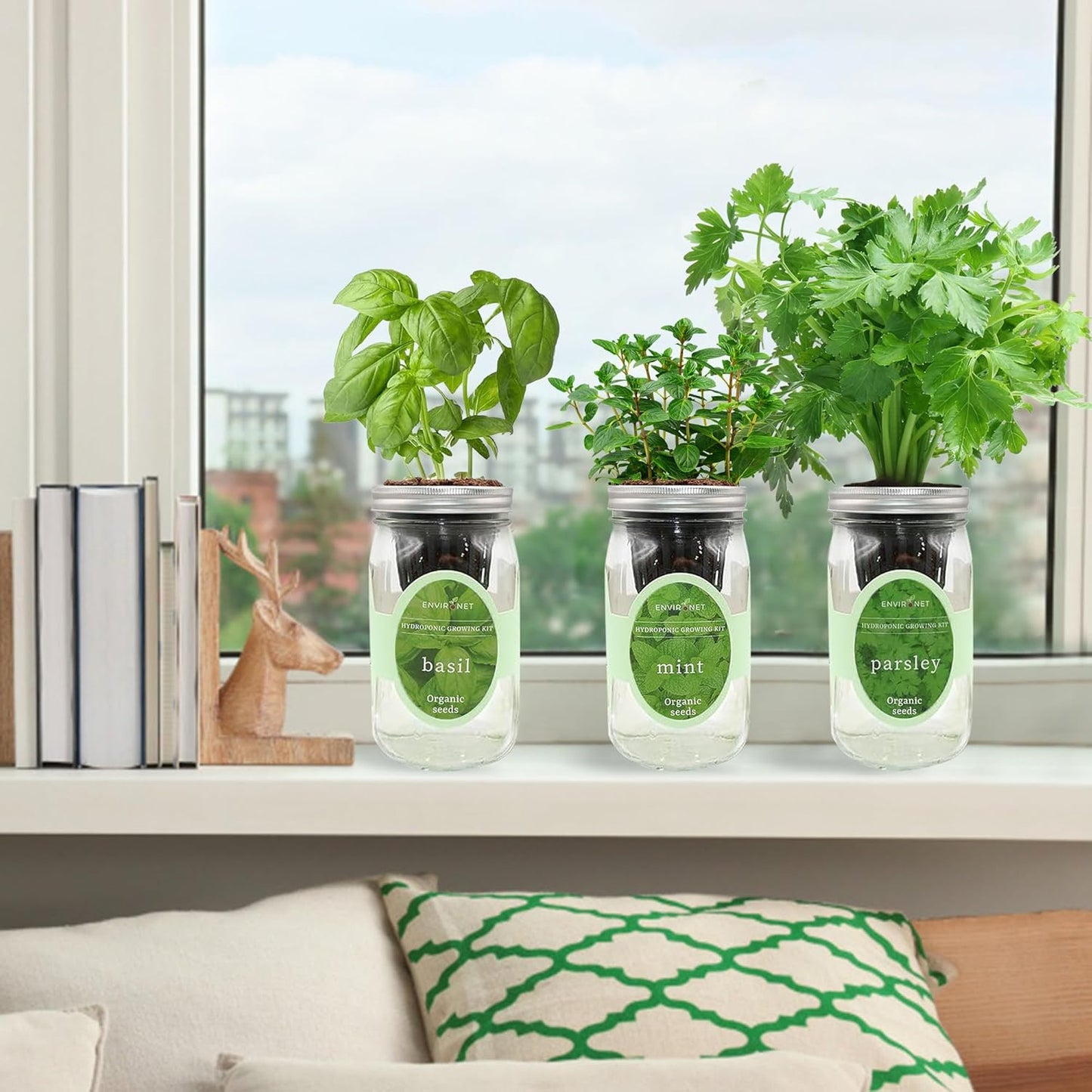 Hydroponic Herb Growing Kit Set, Self-Watering Mason Jar Herb Garden Starter Kit Indoor, Windowsill Herbs Garden, Grow Your Own Herbs from Organic Seeds (Basil, Mint, Parsley)