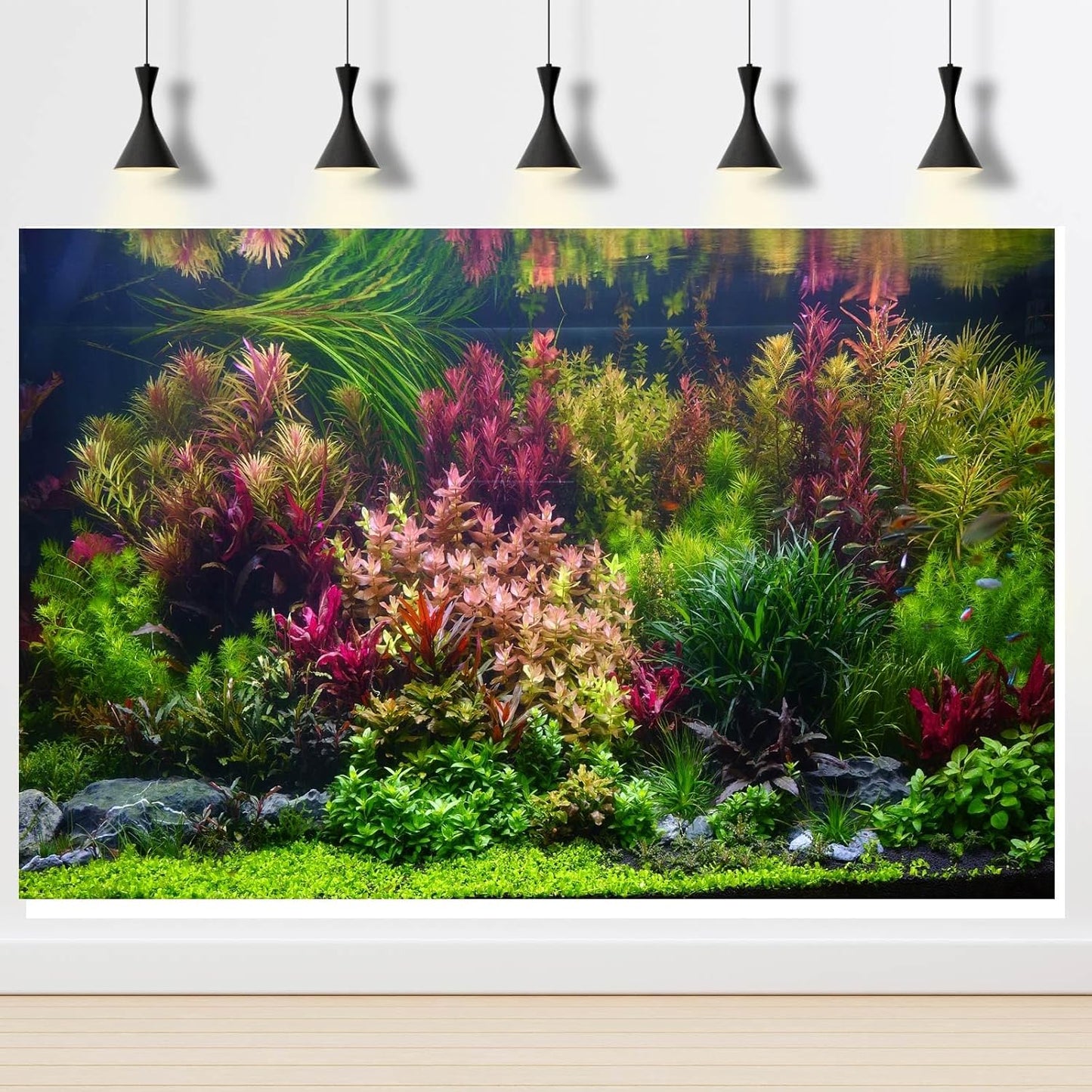 Aquarium Background Various Vivid Fresh Underwater Aquatic Plant Fish Tank Aquarium Backdrop Stone River Bed and Lake Fish Terrarium Background Decor Vinyl 60x24in